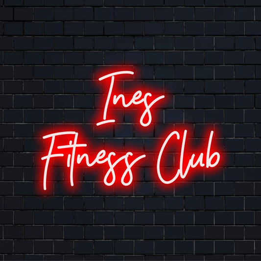 Ines Fitness Club Personalized LED Neon Sign, bright neon glow on dark brick wall