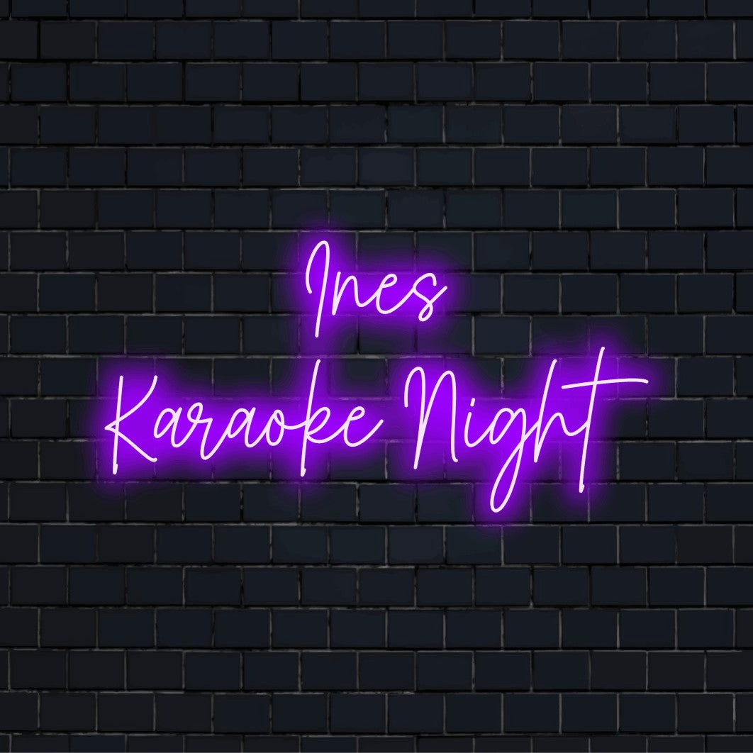 Ines Karaoke Night Custom Name Neon Sign, bright LED glow on black brick background