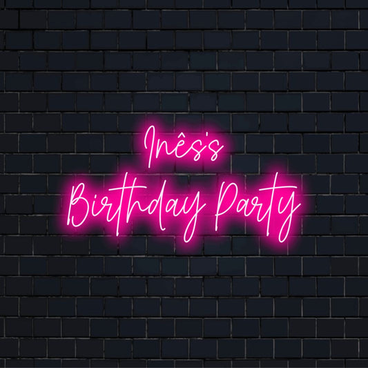 Ines_s Birthday Party Personalized Neon Light with bright neon glow on black brick background