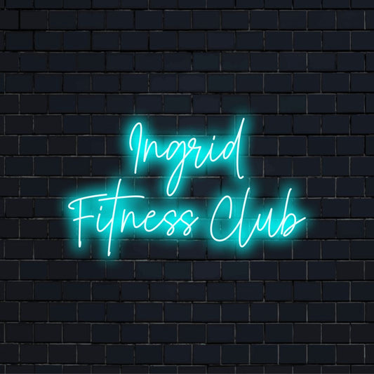 Ingrid Fitness Club Custom Name Neon Sign, neon text light on dark brick wall
