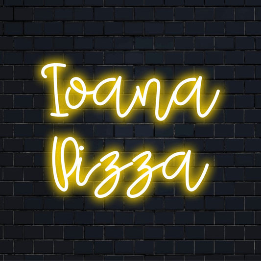 Ioana Pizza Custom Name Neon Sign, bright neon lettering on black brick background