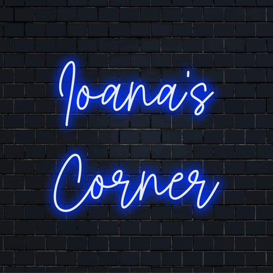 Ioana_s Corner Personalized LED Neon Sign, glowing neon text on black brick background