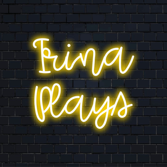 Irina Plays Custom Name Neon Sign, glowing wall decor on dark brick background