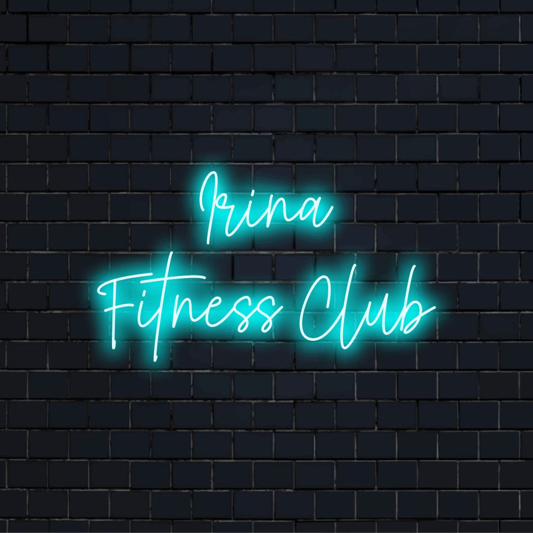 Irina Fitness Club Custom Name Neon Sign, bright neon glow against brick backdrop