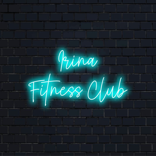 Irina Fitness Club Custom Name Neon Sign, bright neon glow against brick backdrop