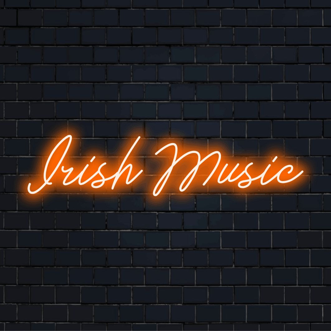 Irish Music LED Neon Sign, bright neon lettering on dark brick wall