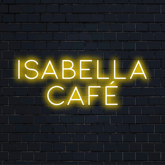 Isabella Cafe Personalized Neon Light with glowing wall decor on dark brick wall