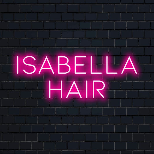 Isabella Hair Personalized Neon Light with bright LED glow on dark brick background