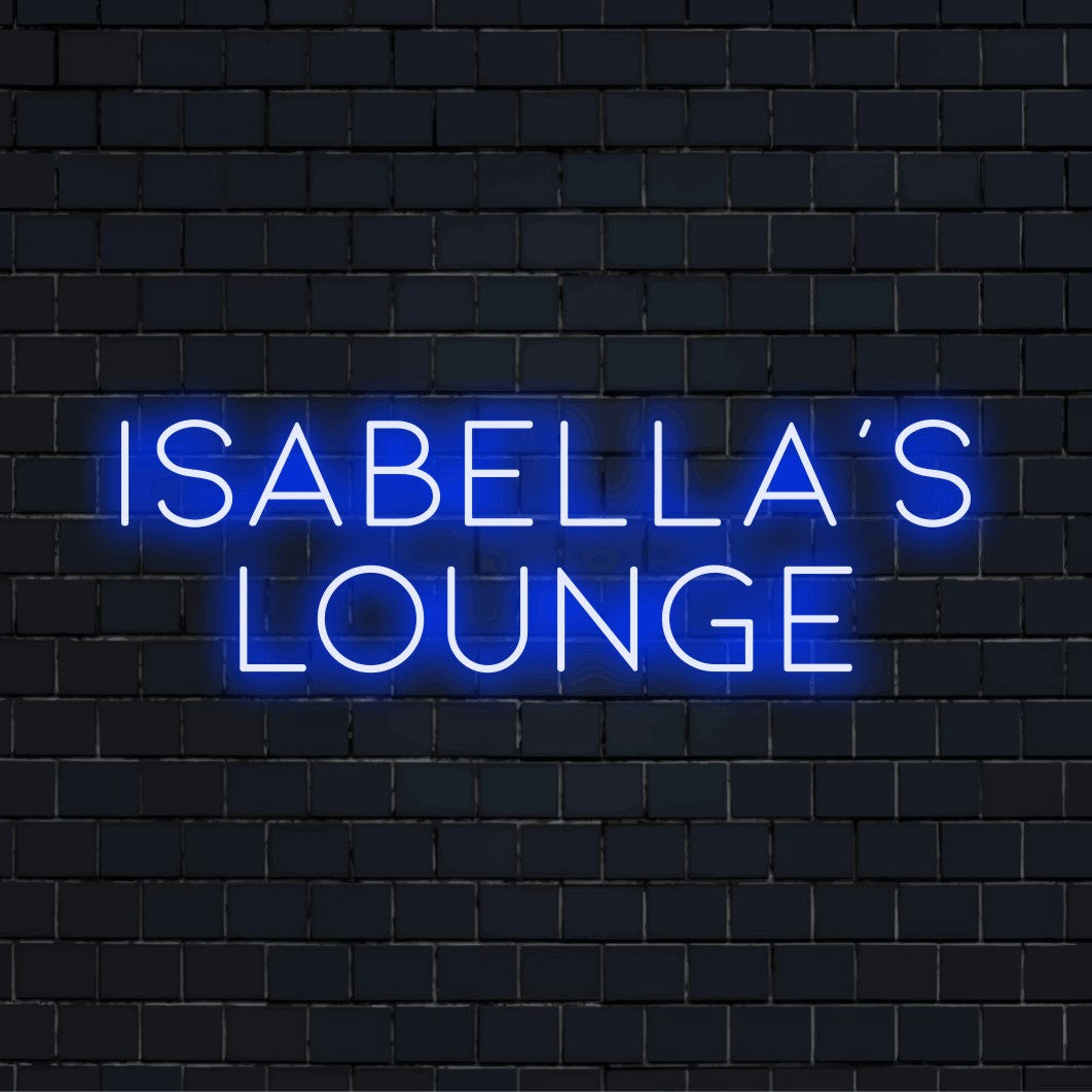Isabella_s Lounge Custom Name Neon Sign, glowing neon text on dark brick wall