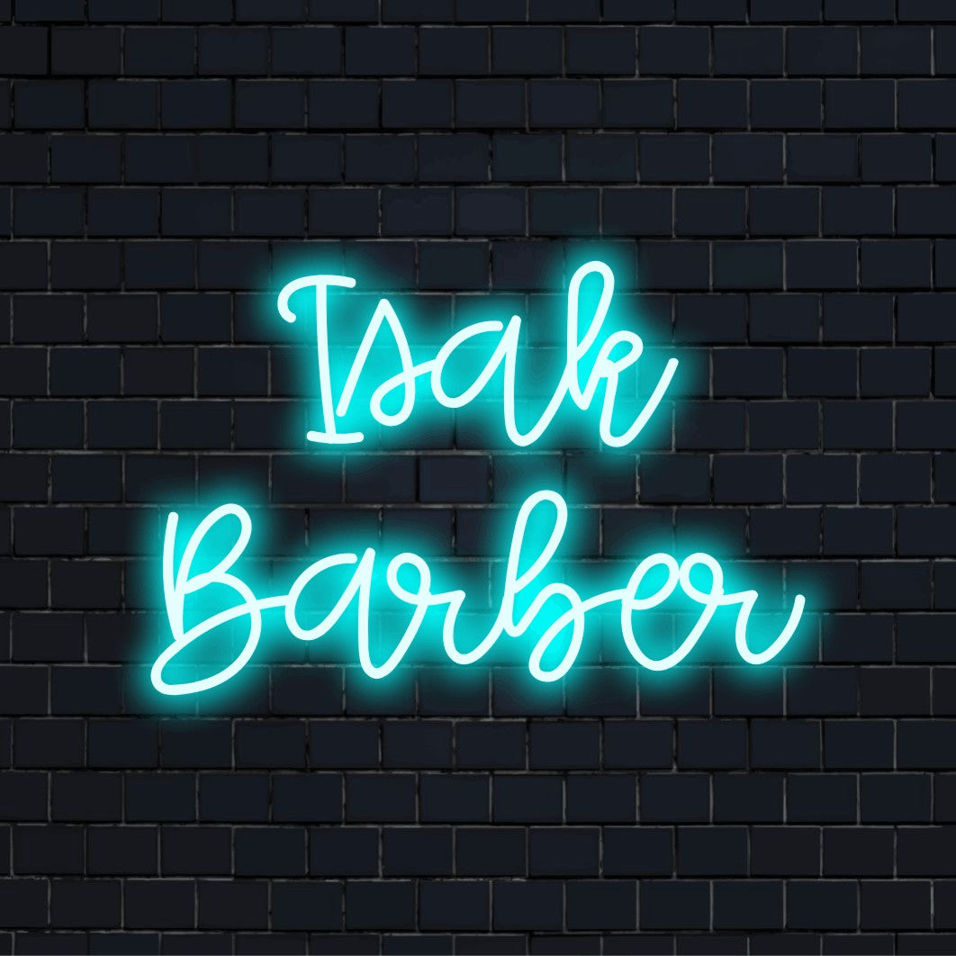 Isak Barber Custom Name Neon Sign, neon text light on dark brick background