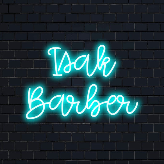 Isak Barber Custom Name Neon Sign, neon text light on dark brick background