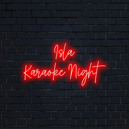 Isla Karaoke Night Custom Name Neon Sign, bright LED glow against black brick wall