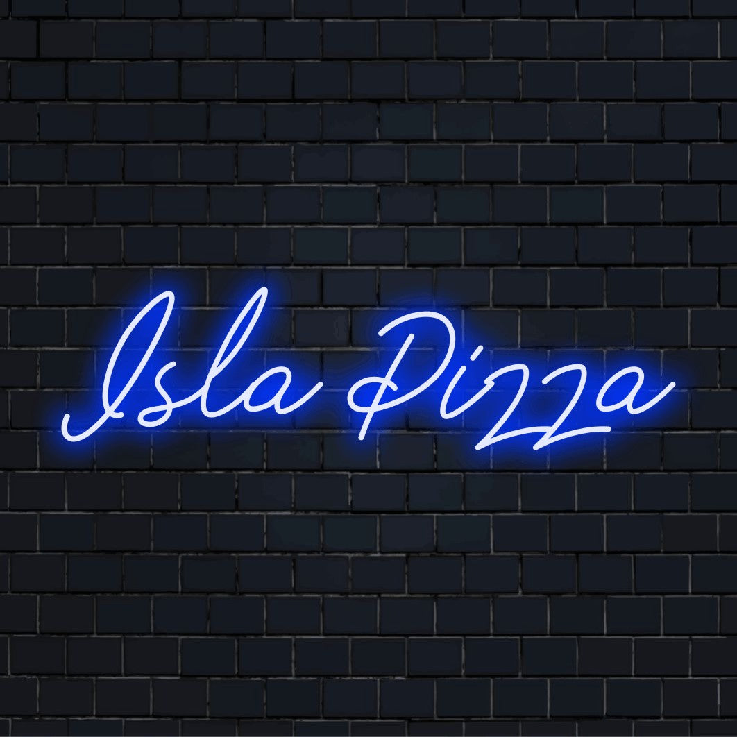 Isla Pizza Custom Name Neon Sign, glowing wall decor against black brick wall
