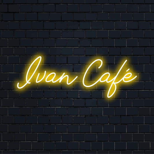 Ivan Cafe Custom Name Neon Sign, neon text light on black brick background