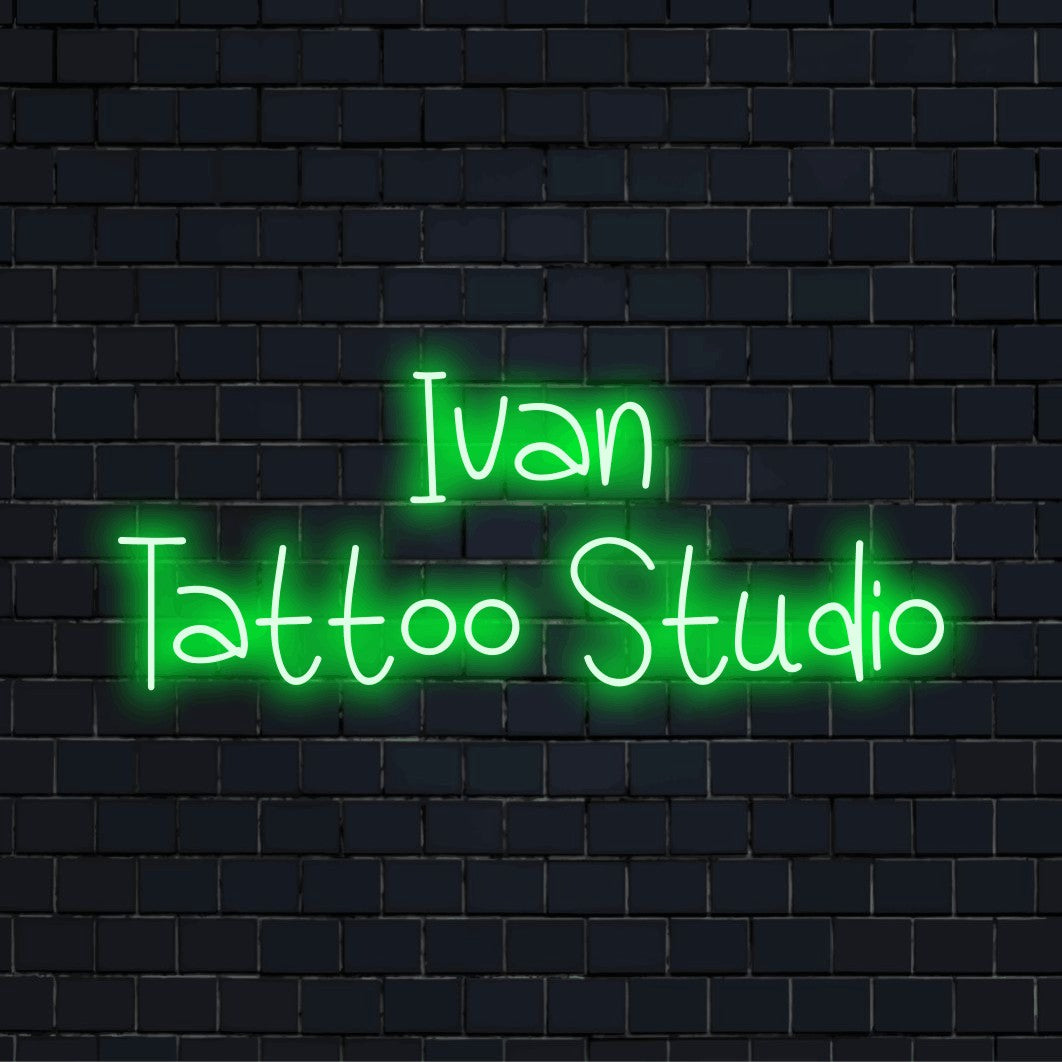 Ivan Tattoo Studio Personalized LED Neon Sign, glowing wall decor on dark brick wall