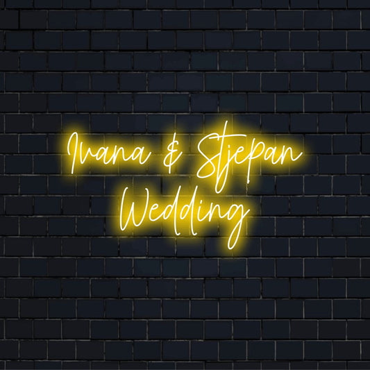 Ivana _ Stjepan Wedding Personalized LED Neon Sign, neon text light against brick backdrop