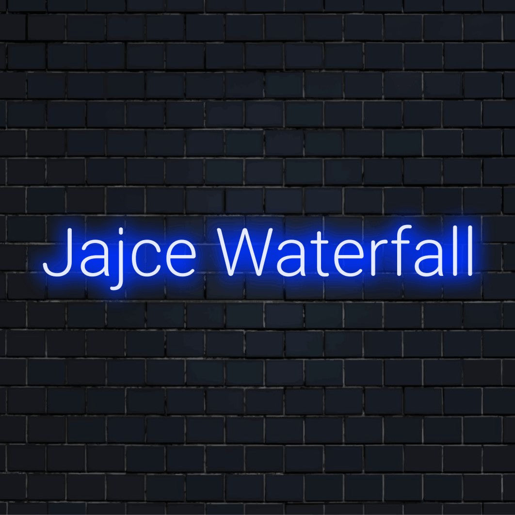 Jajce Waterfall Neon Sign, soft neon glow on dark brick background