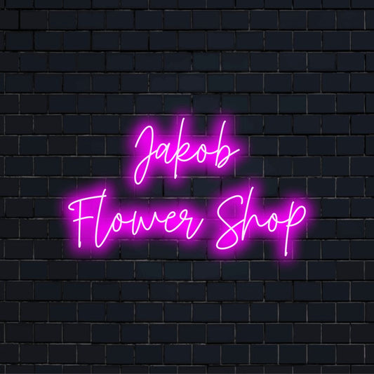 Jakob Flower Shop Custom Name Neon Sign, soft neon glow on black brick background