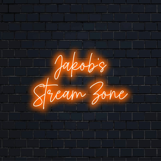 Jakob_s Stream Zone Custom Name Neon Sign, soft neon glow on dark brick background