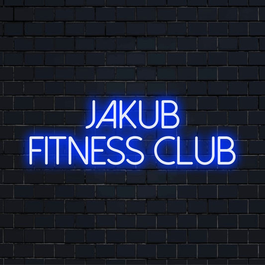 Jakub Fitness Club Personalized LED Neon Sign, glowing lettering on black brick background