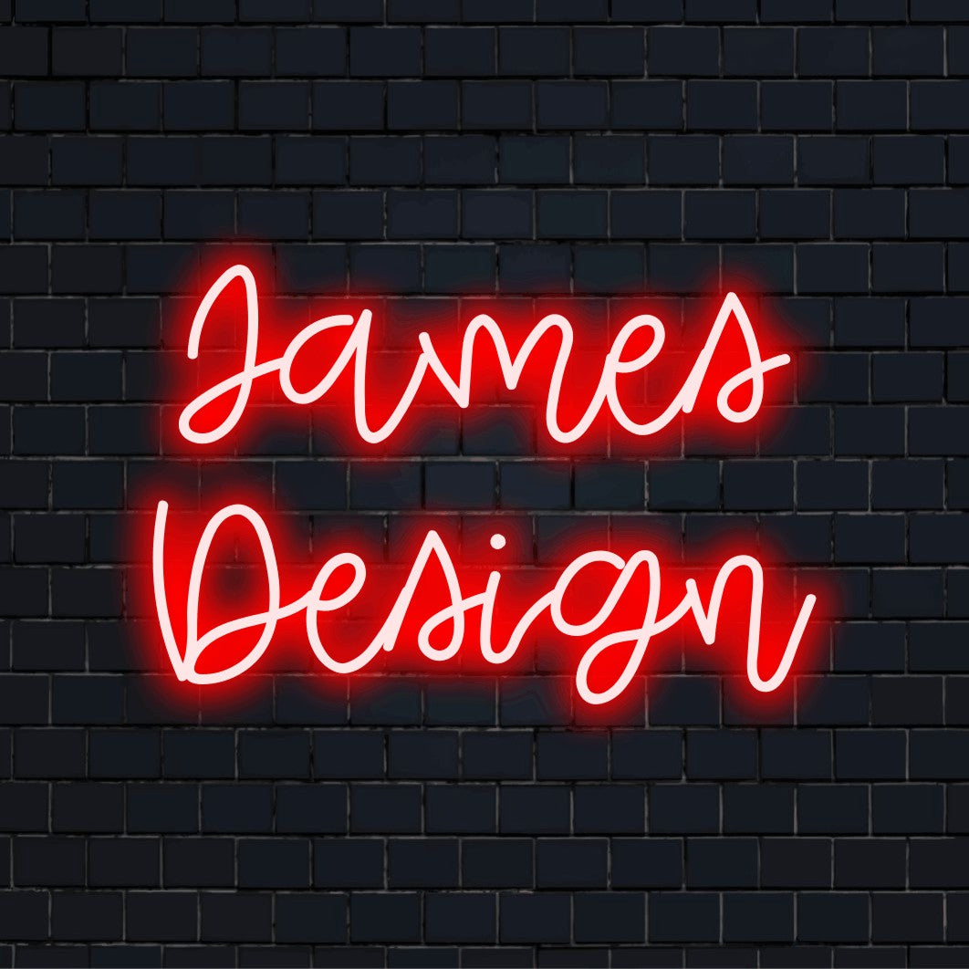 James Design Personalized LED Neon Sign, glowing wall decor on dark brick wall
