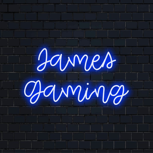 James Gaming Custom Name Neon Sign, glowing neon text on dark brick background