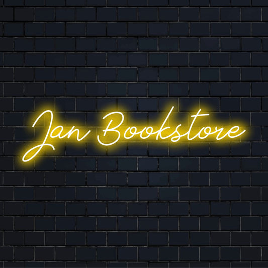 Jan Bookstore Custom Name Neon Sign, glowing lettering on dark brick background