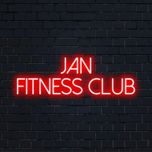 Jan Fitness Club Custom Name Neon Sign, neon text light on black brick background