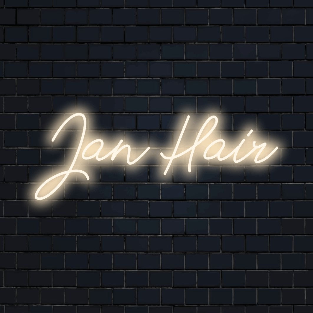Jan Hair Custom Name Neon Sign, glowing wall decor against black brick wall