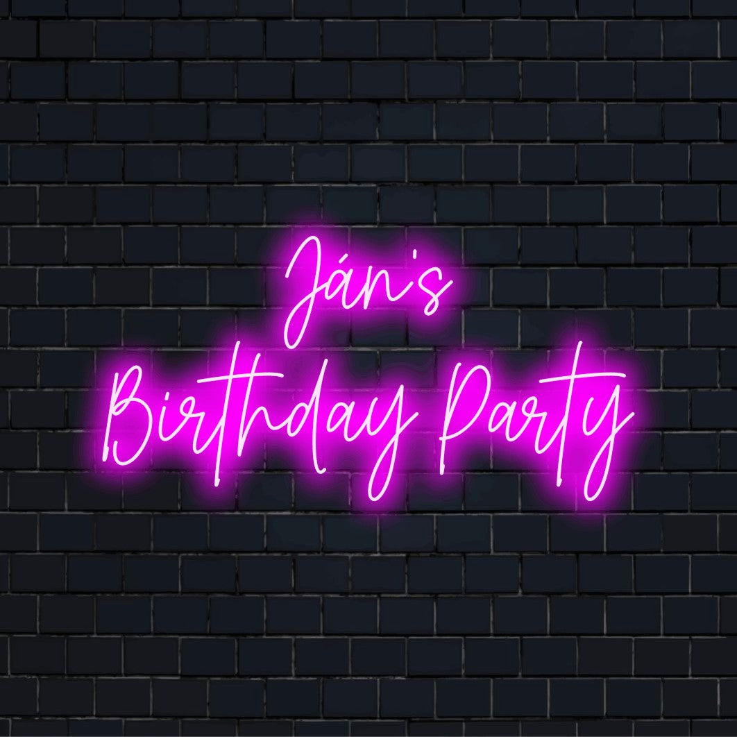 Jan_s Birthday Party Custom Name Neon Sign, bright neon glow against black brick wall