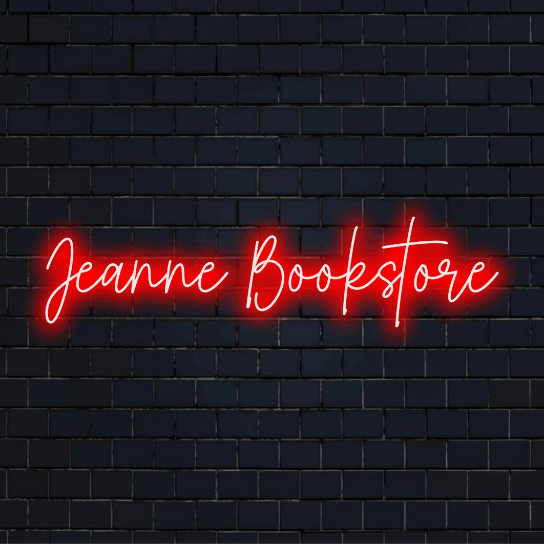 Jeanne Bookstore Custom Name Neon Sign, neon text light on black brick background