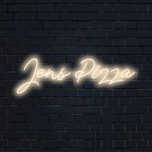 Jens Pizza Custom Name Neon Sign, bright LED glow against black brick wall
