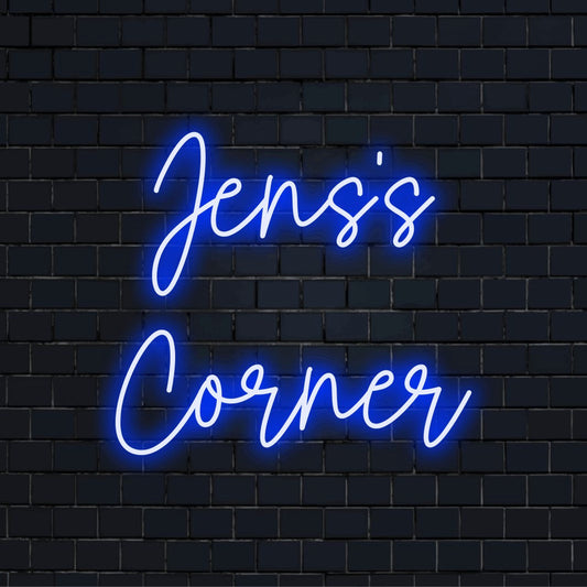 Jens_s Corner Personalized LED Neon Sign, bright neon glow against brick backdrop