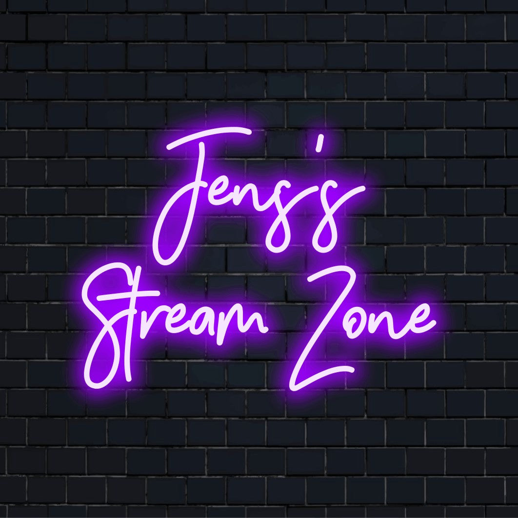 Jens_s Stream Zone Custom Name Neon Sign, soft neon glow on black brick background