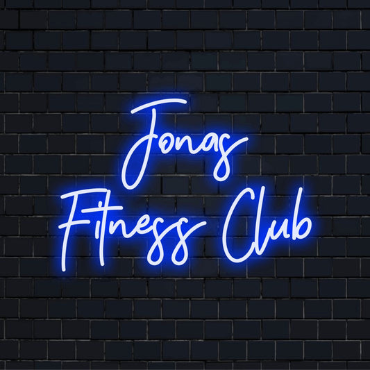Jonas Fitness Club Personalized LED Neon Sign, glowing neon text on dark brick background