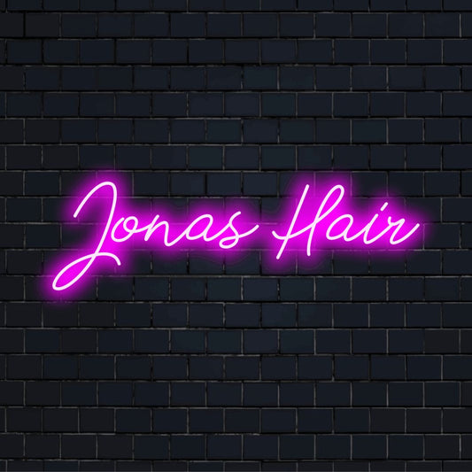 Jonas Hair Personalized Neon Light with neon text light on black brick background