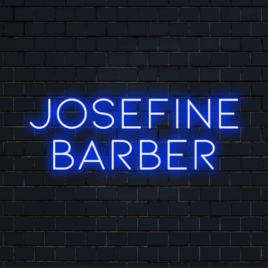 Josefine Barber Personalized LED Neon Sign, glowing neon text on black brick background