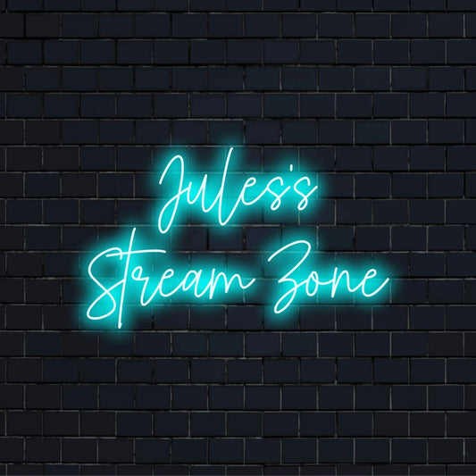 Jules_s Stream Zone Custom Name Neon Sign, soft neon glow on dark brick wall