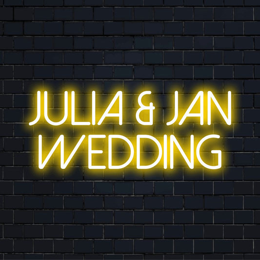 Julia _ Jan Wedding Custom Name Neon Sign, neon text light against brick backdrop