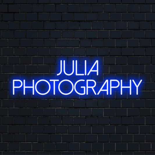 Julia Photography Personalized LED Neon Sign, glowing wall decor on dark brick background