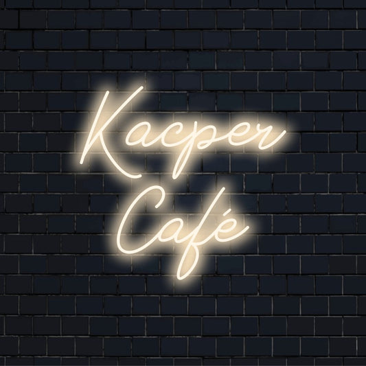 Kacper Cafe Personalized Neon Light with glowing wall decor on dark brick background
