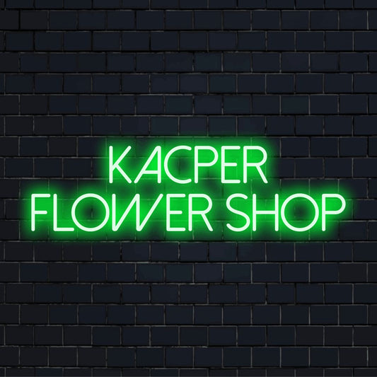 Kacper Flower Shop Custom Name Neon Sign, bright neon glow on dark brick background