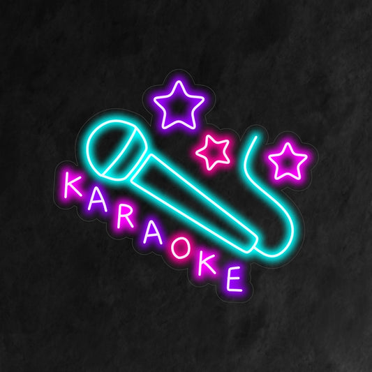 A lively karaoke neon sign, perfect for music-themed decor, radiating a vibrant and energetic light that sets the stage for an unforgettable singing experience.