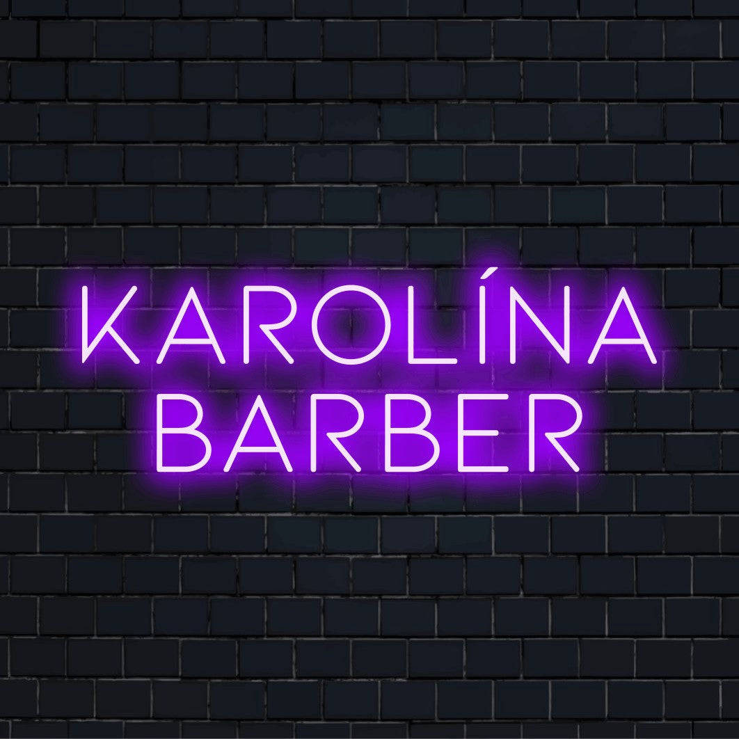 Karolina Barber Personalized Neon Light with bright LED glow on dark brick background