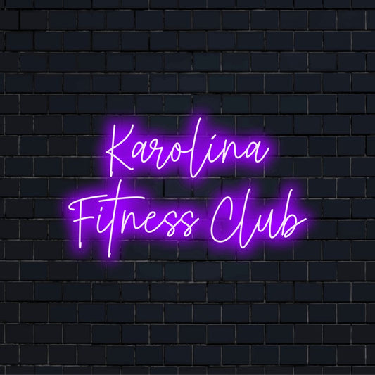 Karolina Fitness Club Custom Name Neon Sign, soft neon glow on dark brick background