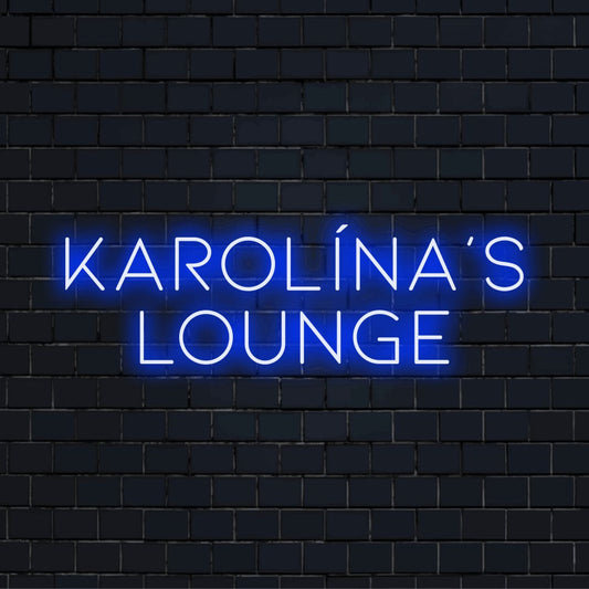 Karolina_s Lounge Custom Name Neon Sign, bright neon glow against brick backdrop