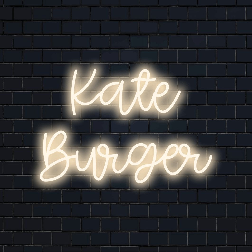 Kate Burger Personalized LED Neon Sign, bright LED glow on dark brick background