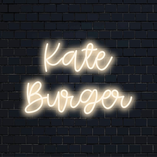 Kate Burger Personalized LED Neon Sign, bright LED glow on dark brick background
