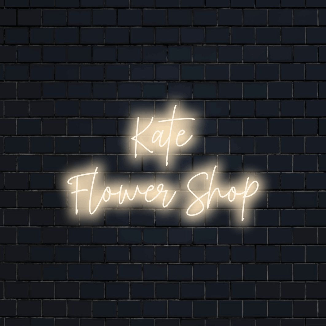 Kate Flower Shop Personalized LED Neon Sign, glowing neon text on dark brick background