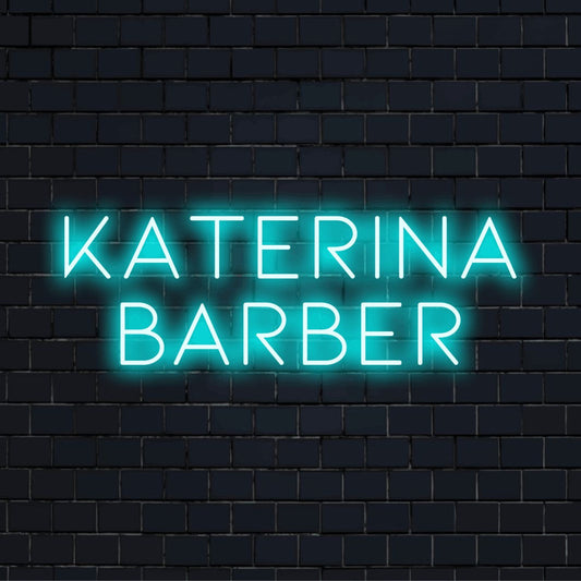 Katerina Barber Personalized LED Neon Sign, neon text light against brick backdrop